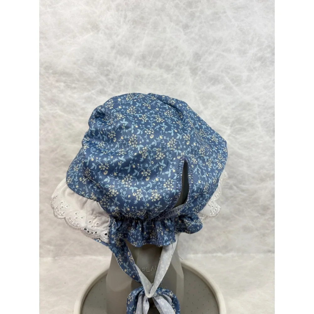 Vintage Style Blue Floral Calico Sun Bonnet White Eyelet Lace Trim Prairie Hat